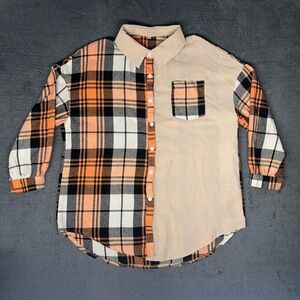 Neutral Patchwork Plaid Colorblock Flannel Button-Up Indie Grunge Streetwear